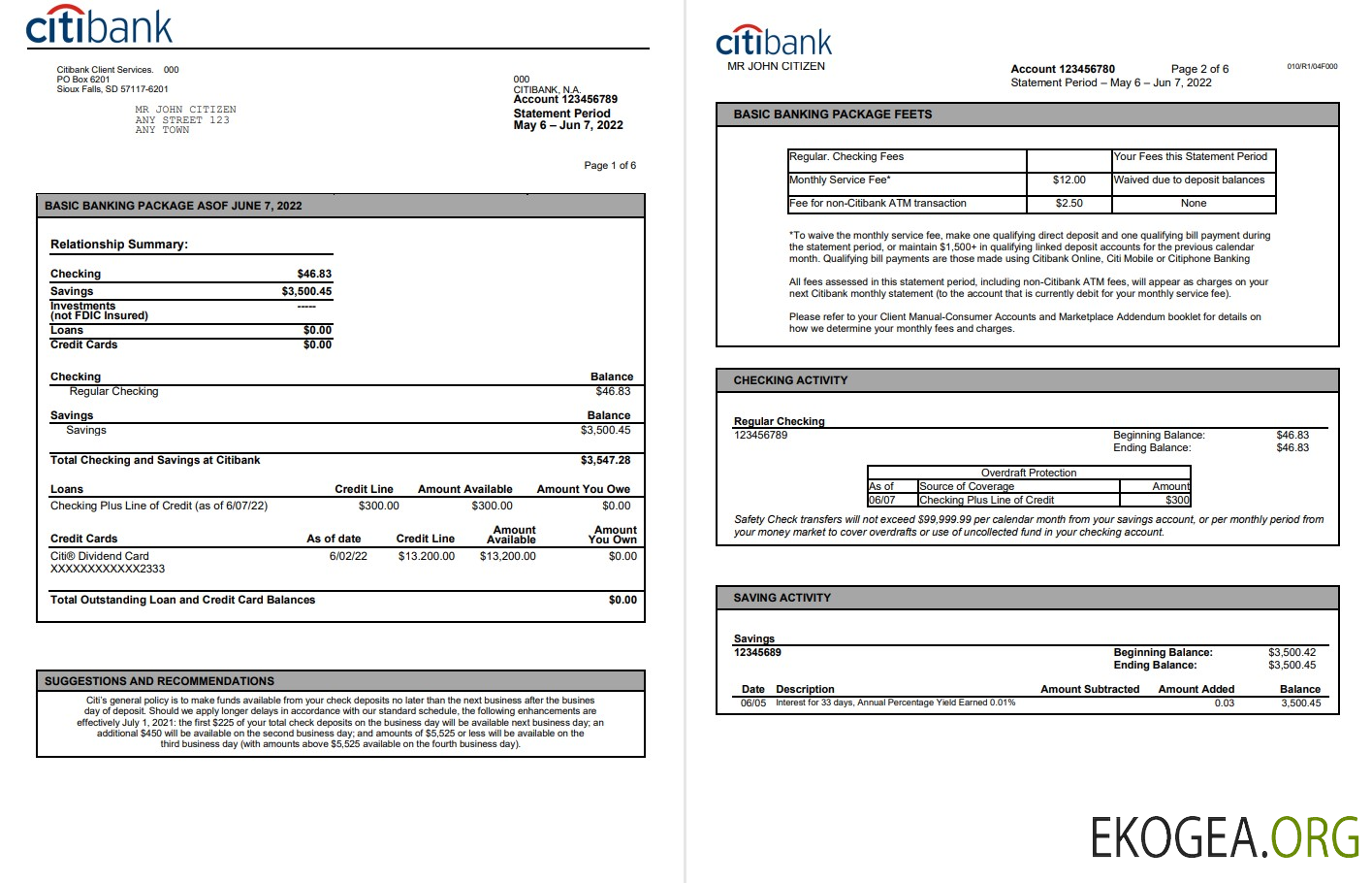 Relevé bancaire USA Citibank, modèle Word et PDF, 6 pages